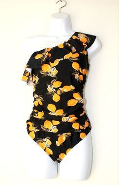 HILOR One Shoulder 1 Pc Swimsuit ~ Neck Flounce Black / Orange Lemons Sz. 12 #03